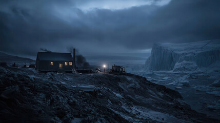 remote polar research station illuminated at night, surrounded by icy terrain and massive glacier under dramatic, cloudy sky