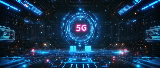 Fototapeta premium 5G technology hub with digital futuristic interfaces