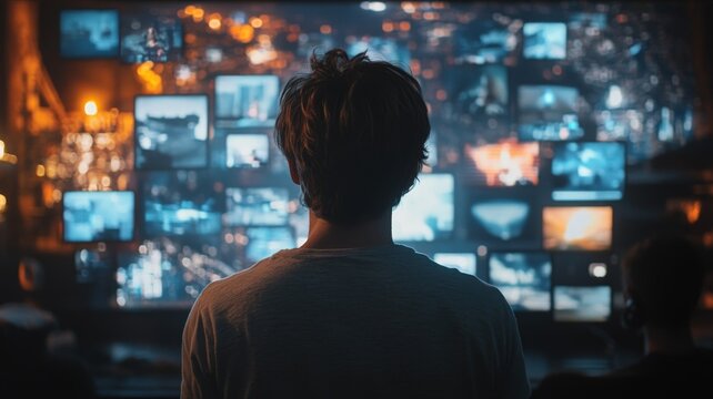 Man Looking at 3D Cyberspace With Animated Social Media Interfaces, Online Video Games, Viral Videos, Internet Content