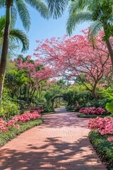 Fototapeta premium Path through lush garden with pink blossoms and palm trees on a sunny day in a tropical place