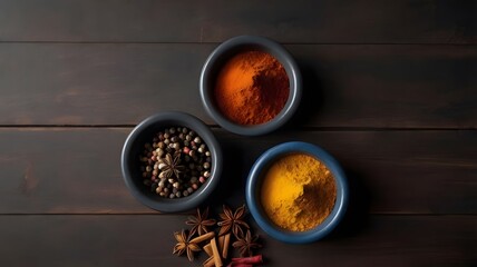 An elegant flat-lay composition of various spices arranged in dark ceramic bowls against a moody, textured background. The vibrant colors of turmeric, paprika, star anise, dried herbs, and peppercorns