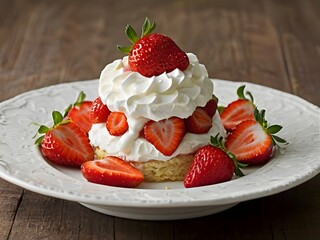 A delicious strawberry shortcake dessert in a glass, layered with fresh strawberries, whipped cream, and soft sponge cake. The vibrant colors and rich textures make it a perfect treat for any occasion