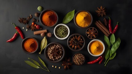 An elegant flat-lay composition of various spices arranged in dark ceramic bowls against a moody, textured background. The vibrant colors of turmeric, paprika, star anise, dried herbs, and peppercorns