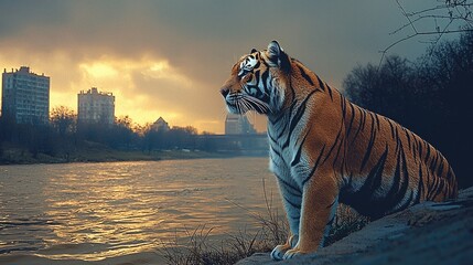 Bengal tiger stands beside the river.