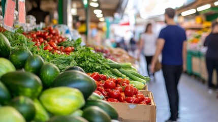 Vibrant market scene showcasing fresh vegetables and fruits with shoppers in the background