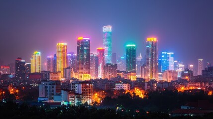 Fototapeta premium Vibrant Cityscape at Night Illuminated Skyscrapers and Urban Glow
