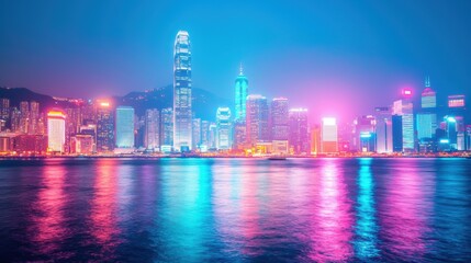 Obraz premium Vibrant Cityscape at Night Neon Lights and Water Reflections