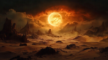 fiery sun illuminates desolate desert landscape with towering dunes and jagged rock formations, evoking sense of mystery and power