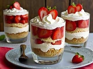A delicious strawberry shortcake dessert in a glass, layered with fresh strawberries, whipped cream, and soft sponge cake. The vibrant colors and rich textures make it a perfect treat for any occasion