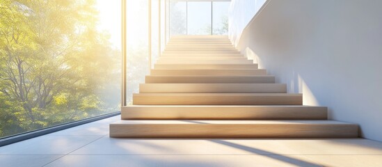 Fototapeta premium Modern interior staircase with sunlight streaming through large window.