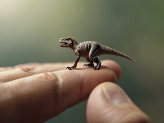 A miniature dinosaur perched on a fingertip, showcasing intricate details and a sense of wonder