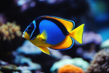 Vibrant Blue and Yellow Tropical Fish in Ocean Reef