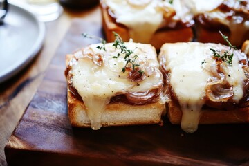 Delicious open-faced pie with caramelized onions and Gruyere cheese served warm