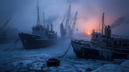 Fototapeta premium surreal image of frozen harbor with ships trapped in ice, surrounded by cranes and glowing sunset, evoking sense of cold isolation