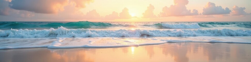 Obraz premium Soft light bathes pastel beach, gentle waves whisper secrets to the sand , calm, waves