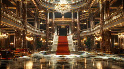 Obraz premium Luxurious hotel lobby with a grand staircase, marble floors, and a stunning chandelier
