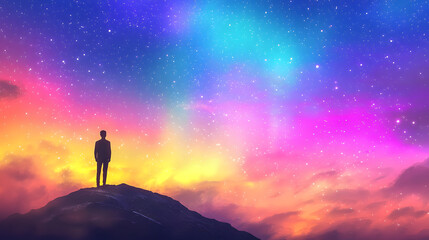 Fototapeta premium Man standing on mountain peak gazing at starry night sky with bright stars and clear atmosphere