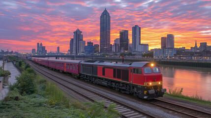 Fototapeta premium vibrant sunset illuminates city skyline as train travels along riverbank, showcasing urban life and transportation. scene captures beauty of nature and architecture