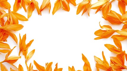 Orange flower petals frame, white background, flat lay, design element