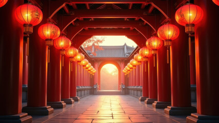 Obraz premium Red Lanterns Chinese Temple Pathway Sunrise - Asian-inspired design