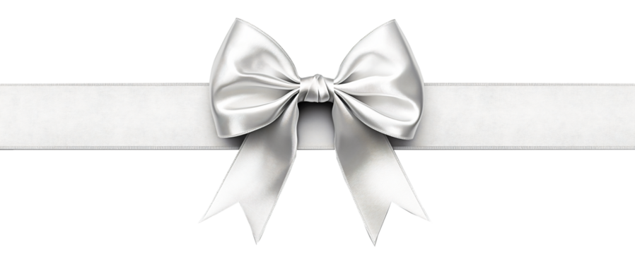 silver bow with long ribbon isolated on white background