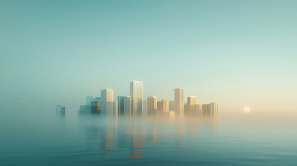 Fototapeta premium serene cityscape with modern skyscrapers partially submerged in calm water, symbolizing rising sea levels and climate change
