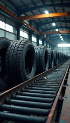 Fototapeta premium Modern tyre recycling plant Processed rubber, conveyor systems , waste, crumb rubber