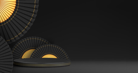 Round stage and asian fans on black background. Vector realistic illustration of product presentation platform with traditional oriental decoration, New Year banner, festive discount or sale display