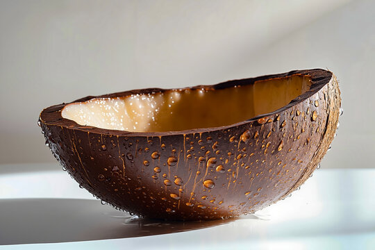 A coconut bowl with water droplets on it sitting on a table