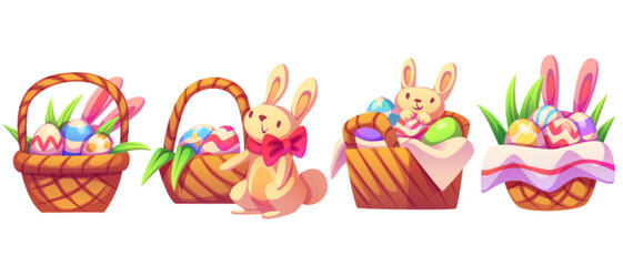 Easter celebration collection - wicker baskets with decorated eggs, cute rabbits wearing pink bow, fresh grass sprouts, fabric napkin. Religious holiday greeting card, spring designs elements.