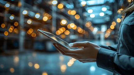 Woman using tablet in factory.