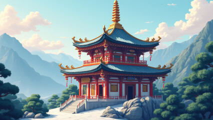 Serene Asian Pagoda Mountain Landscape - Digital Painting/Illustrat.