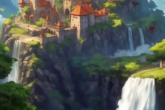 Fantasy landscape painting, castle and village, imaginary world video view Generative AI