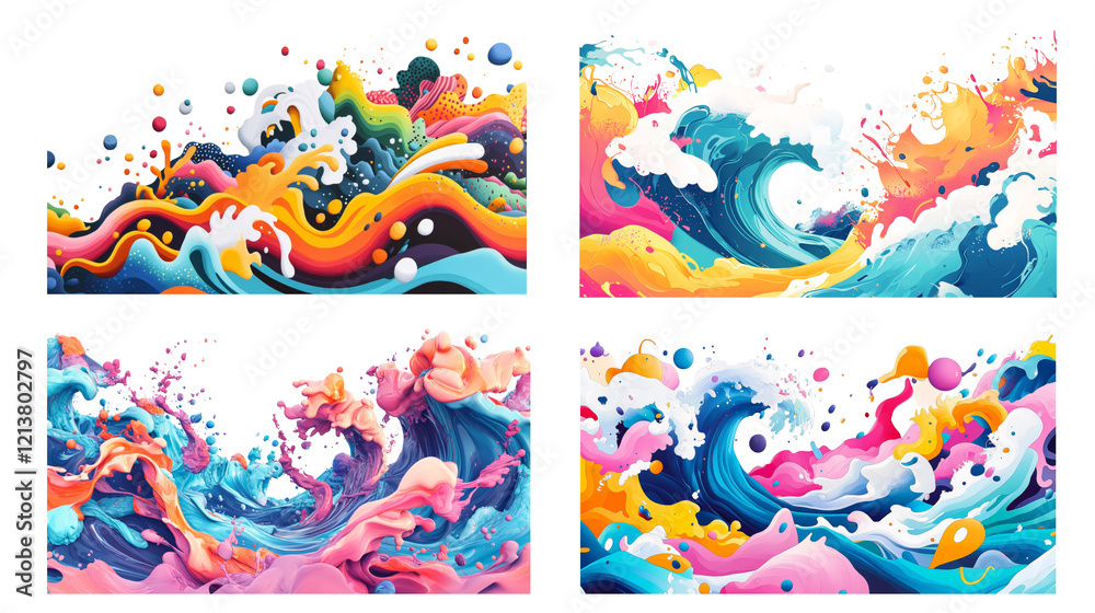 Poster a vibrant digital artwork depicting four colourful abstract wave patterns with paint splashes.