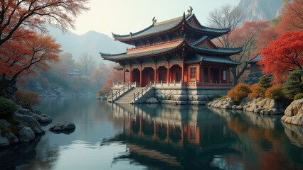 Fototapeta premium Serene Autumn Pagoda Lake Reflection - Asian aesthetics