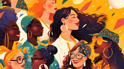 Diverse women celebrating equality and empowerment, with vibrant color tones.