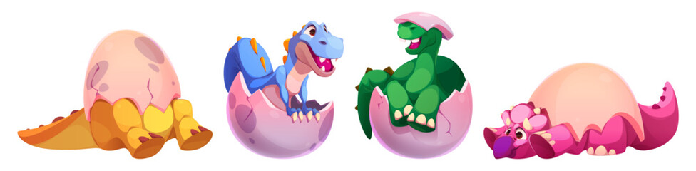 Cute dinosaur reptiles of different colors hatching from eggs - cartoon newborn creatures for game design, stickers or children book illustration. Baby dino emerging from pink shell collection. © klyaksun