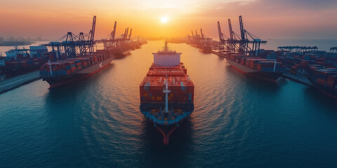 Obraz premium Global health and economic growth in pandemic recovery shipping industry operations maritime environment aerial view
