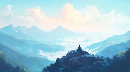 Serene Morning Scene with Person Meditating in Majestic Mountains