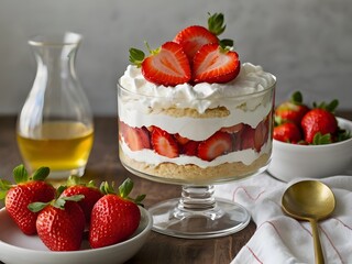 A delicious strawberry shortcake dessert in a glass, layered with fresh strawberries, whipped cream, and soft sponge cake. The vibrant colors and rich textures make it a perfect treat for any occasion