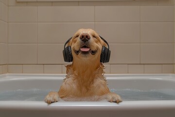 Golden retriever enjoys a bath while wearing headphones. Perfect for blogs, articles on pets, or relaxing music themes.