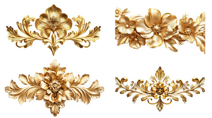 Four ornate golden floral designs isolated on black background showing intricate details and luxurious style.