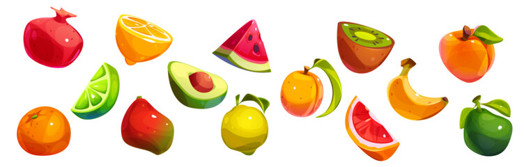 Summer fruit collection with citrus slices, ripe pomegranate, juicy watermelon, fresh avocado, yellow lemon, golden banana, sweet peach and tropical kiwi pieces for seasonal healthy food menu design.