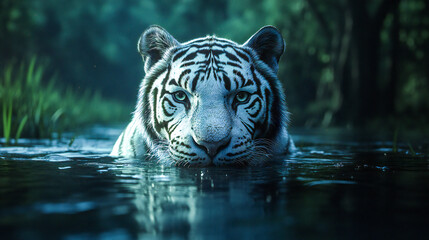 Majestic White Tiger Staring Intently While Swimming in a Dark Jungle River - Powerful Wildlife Close-Up of Endangered Bengal Tiger in its Natural Habitat