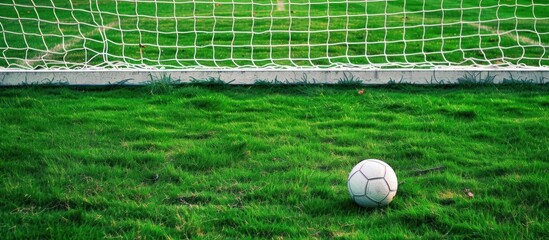 Soccer ball near goal, green field, sunny day, sports
