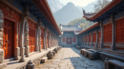 Naklejka premium Serene Chinese Temple Courtyard, Mountain View - Architectural Phot.