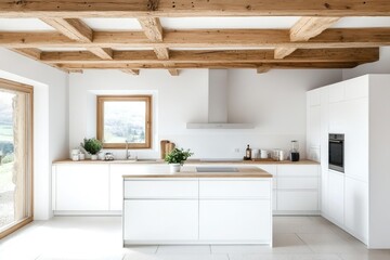 Modern White Kitchen Design with Wood Beams