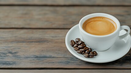 Obraz premium A warm espresso cup surrounded by coffee beans on table