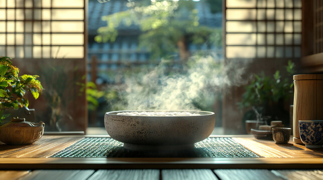 Japanese hot and steaming, just pulled from the oven, with a warm, cozy background of traditional Japanese decor