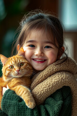 A little girl holding a cat in her arms